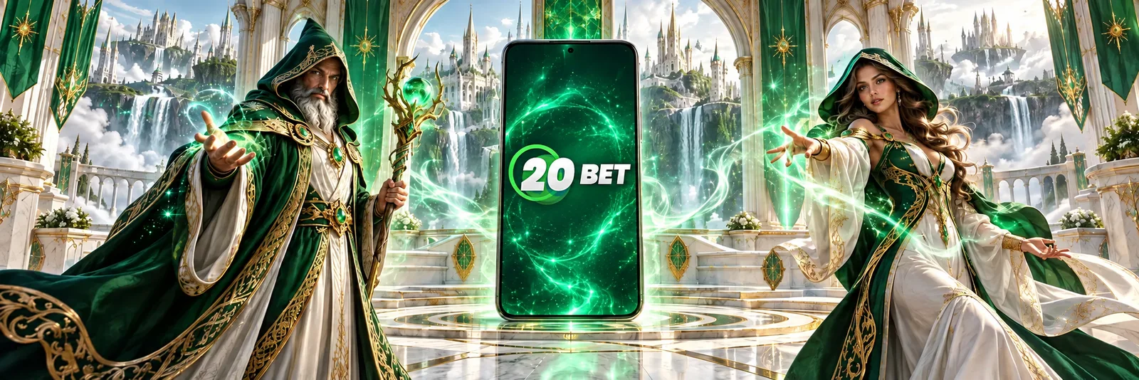 App 20Bet no celular entre um mago e uma feiticeira